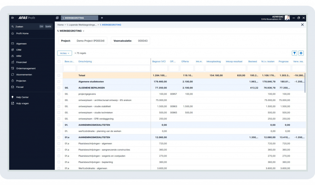 Werkbegroting in de bouw software van AFAS